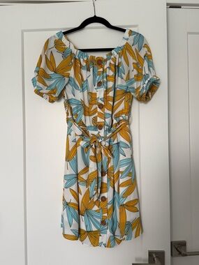 Listicle White Midi Dress with Mustard & Teal Leaf Print
